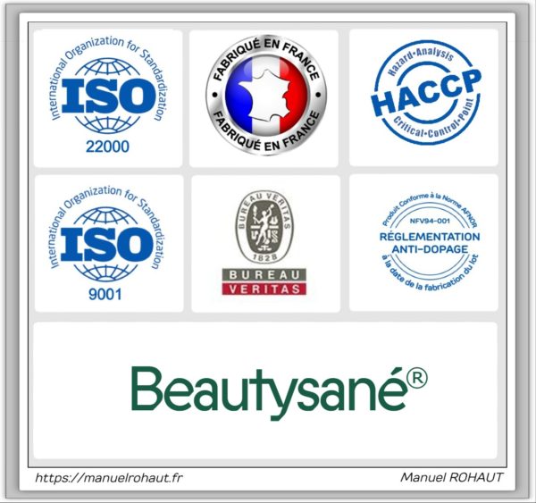Complément alimentaire Beautysane Energy Care - les logo Made in France, HACCP, ISO et NFV94-001