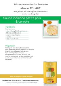 Recette de soupe Energy Diet par Beautysane - Indienne petits pois et carotte